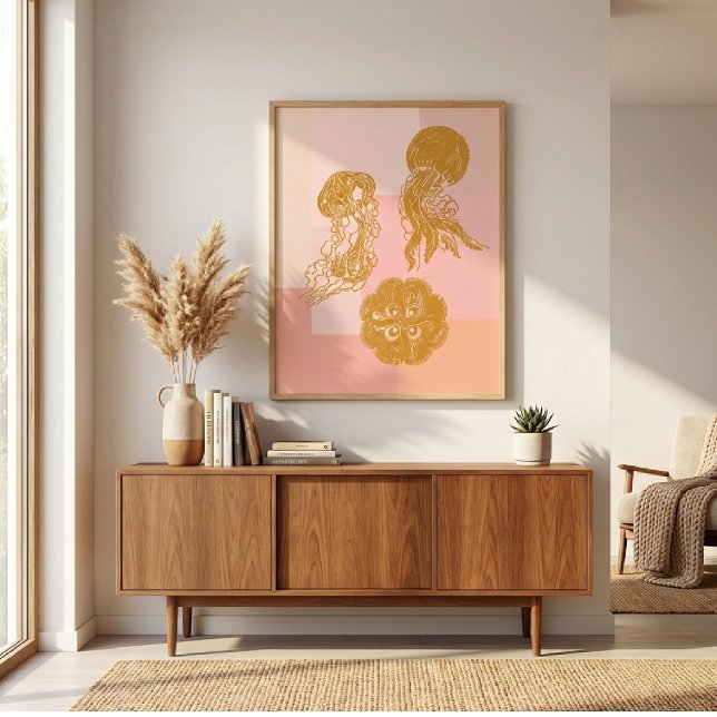 Jellyfish Vintage Ocean Illustration Rosa and Guld Poster (Skapare uppladdad)