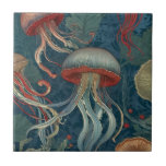 Jellyfish William Morris stil Sea Ocean Animals Kakelplatta<br><div class="desc">"classy Classic art nouveau",  "grönt undervattensjellyfish tentacles",  "hawaiian sea maritime animals",  "william morris ceramic tile tile",  "blue water vatten life",  "sea Ocseas mörk navy red",  "vintage jelly fish life",  "nautical willife vild animal",  "hawaii stingcreature",  "Traditional stringature kusten antique"</div>