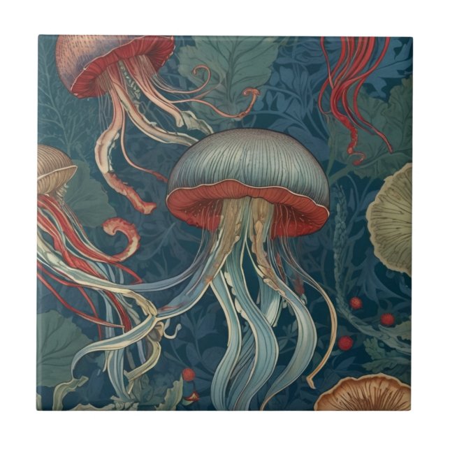 Jellyfish William Morris stil Sea Ocean Animals Kakelplatta (Framsidan)