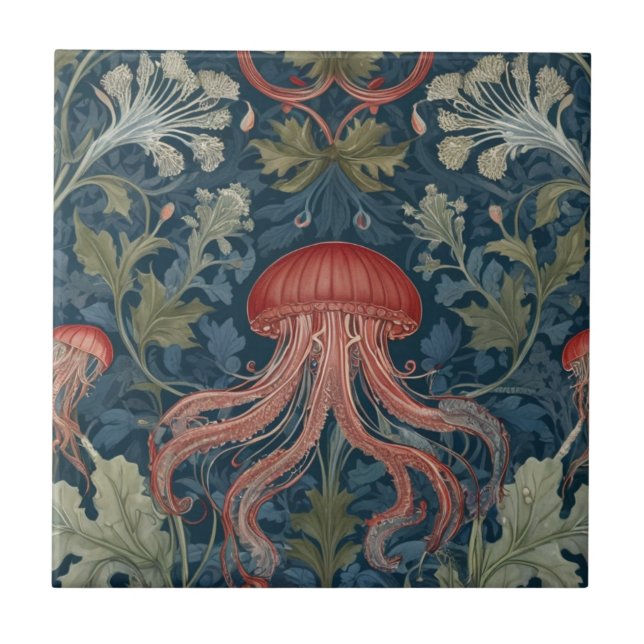 Jellyfish William Morris stil Sea Ocean Botanical Kakelplatta (Framsidan)