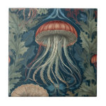 Jellyfish William Morris stil Sea Ocean Life Kakelplatta<br><div class="desc">"classy Classic art nouveau",  "grönt undervattensjellyfish tentacles",  "hawaiian sea marine animals",  "william morris ceramic tile",  "blue water vatten life",  "leafy sea Sea Ocseas mörk navy red",  "vintage löv blommigtar sjögräs life",  "nautical wildlife vild animal",  "hawaii kusten blomanio cal",  "traditionell strand antique"</div>