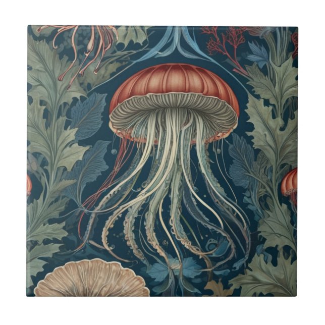 Jellyfish William Morris stil Sea Ocean Life Kakelplatta (Framsidan)