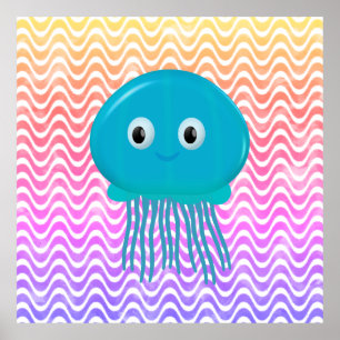 Jellyfisk av Tecknad i färgade oceaner Poster
