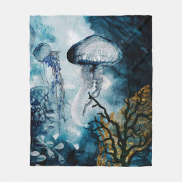 Jellyfisk, havsgräs med gyllene accenter fleecefilt