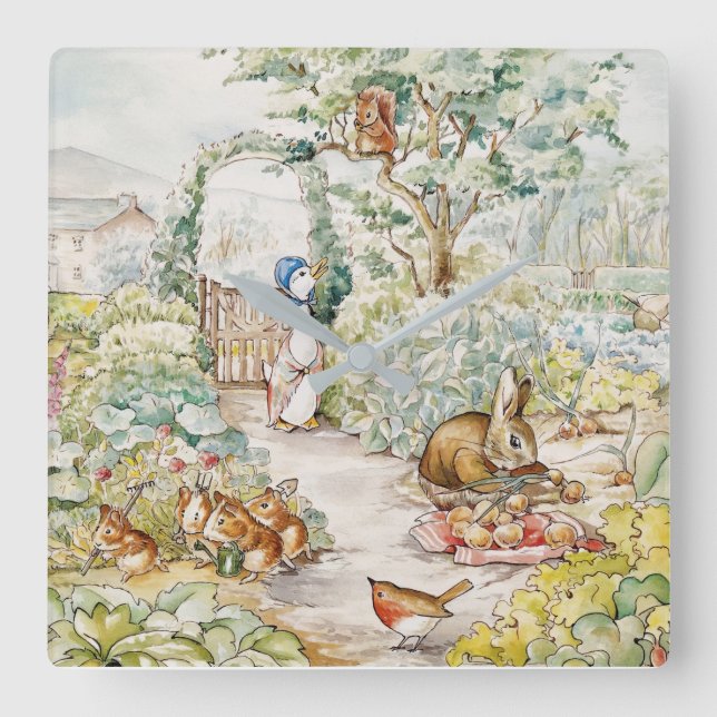 Jemima Puddle Anka i Mc Gregors Garden Fyrkantig Klocka (Framsida)