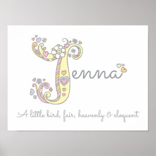 Jenna namn och betydelse doodle initial konst affi poster