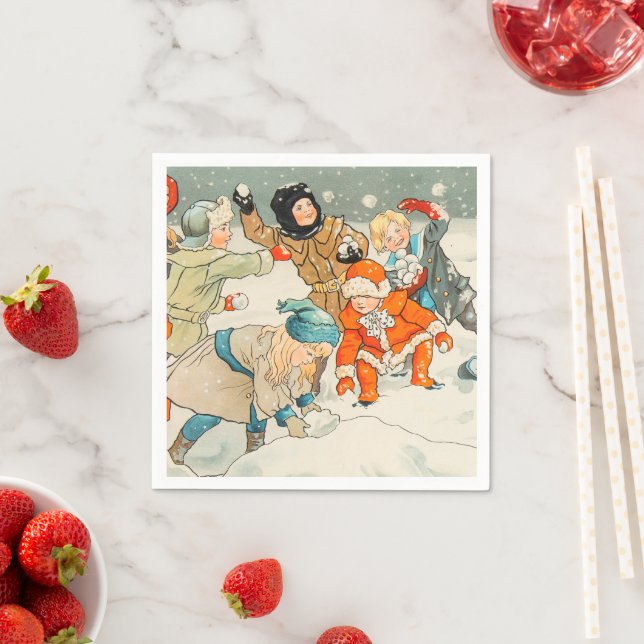 Jenny Nystrom, barn leker i snö, jul Pappersservett (Insitu)