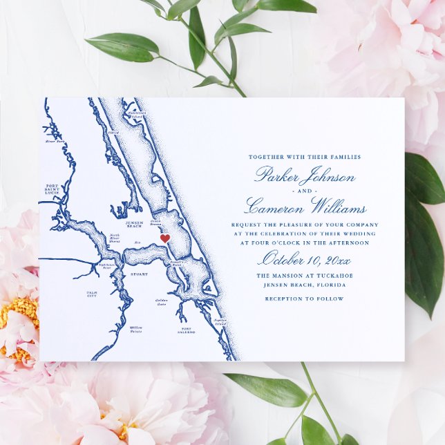 Jensen Beach FL Karta Elegant Navy Blue Bröllop Inbjudningar (Jensen Beach FL Map wedding invitation for an elegant navy blue Mansion wedding. Coastal Map Designs)