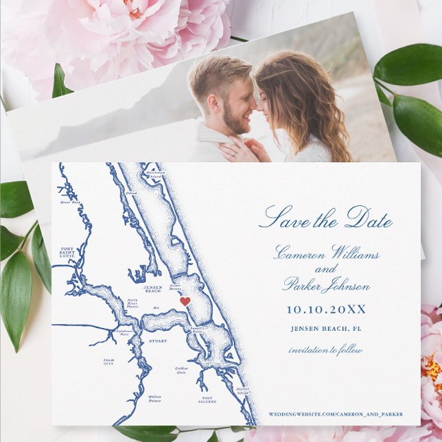 Jensen Beach FL Karta Elegant Navy Blue Bröllop Spara Datumet (Jensen Beach FL Map wedding Save the Date for an elegant navy blue Mansion wedding )