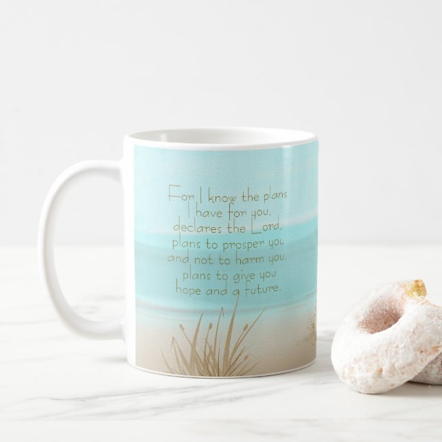 Jeremia 29:11 Kristet bibelvers Aqua strand Kaffemugg (Med munk)
