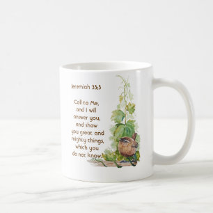 Jeremia 33:3 Ropa till mig Bibelvers Gärdsmyg Fåge Kaffemugg