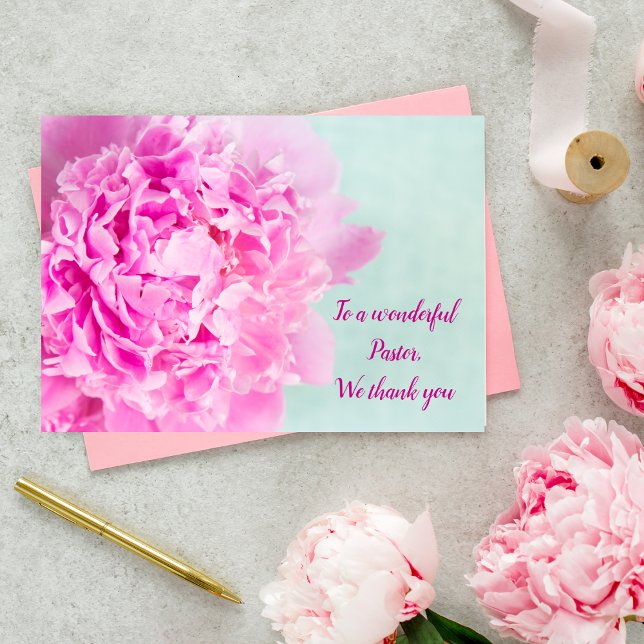 Jeremia 3:15 Rosa Peony Tack Pastor Kort (Pastor appreciation: Jeremiah 3:15 card for celebrating influence and expressing gratitude.)