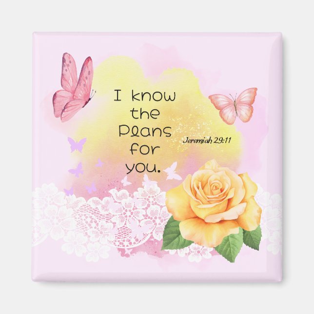 Jeremiah 29:11 Bible Verse Rosa Gult Butterfly Magnet (Framsidan)