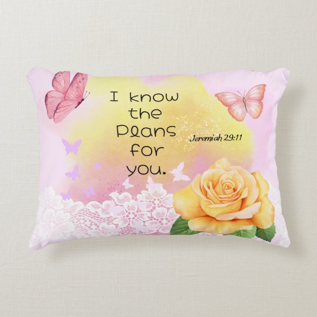 Jeremiah 29:11 Bible Verse Rosa Gult Butterfly Prydnadskudde (Framsidan)