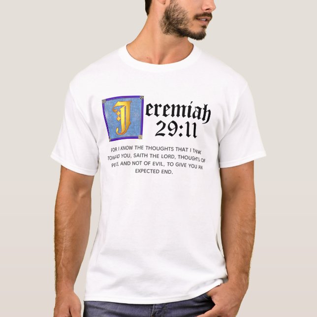 Jeremiah 29:11 Blue Illuminated Brev Bible Quote T Shirt (Framsida)