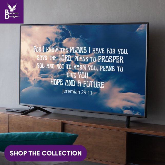 JEREMIAH 29:11 Christian Ram Art TV Poster (Christian Jeremiah 29:11 Bible verse with heavenly clouds wall art for display TV)