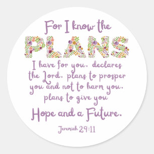 Jeremiah 29:11 Lila, Blommigt Brev Christian Runt Klistermärke