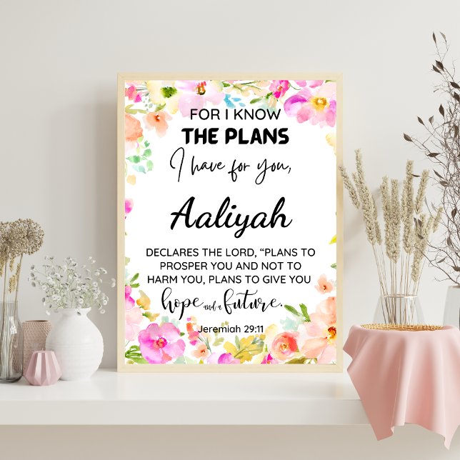 Jeremiah 29:11 Rosa Blommigt Anpassa skript Poster (Jeremiah 29:11 Personalized Bible Scripture Name)