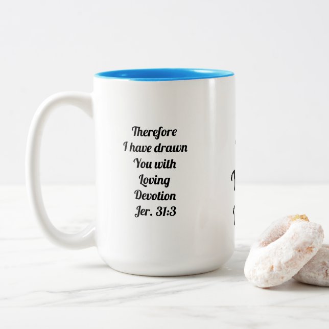 Jeremiah 31:3 Gud kärlek dig! Tvåtonskaffe Mugg (Med munk)
