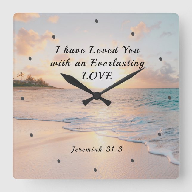 Jeremiah 31:3 Jag har älskat er Bible Ocean Sunset Fyrkantig Klocka (Framsida)