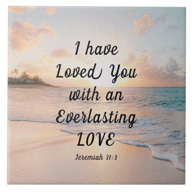 Jeremiah 31:3 Jag har älskat er Bible Ocean Sunset Kakelplatta (Framsidan)