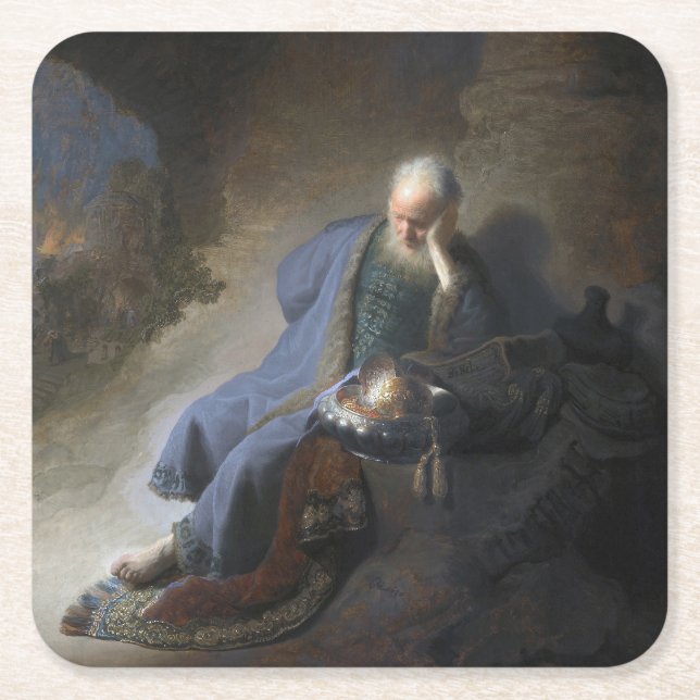 Jeremiah Lamentiing om Jerusalems fall, Rembrandt Underlägg Papper Kvadrat (Framsidan)