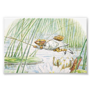 Jeremy Fisher tar ett Underbart blad av Beatrix Po Fototryck