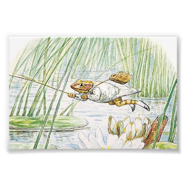 Jeremy Fisher tar ett Underbart blad av Beatrix Po Fototryck (Framsidan)