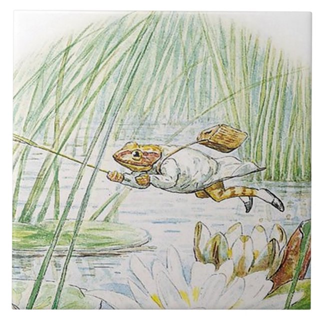 Jeremy Fisher tar ett Underbart blad av Beatrix Po Kakelplatta (Framsidan)