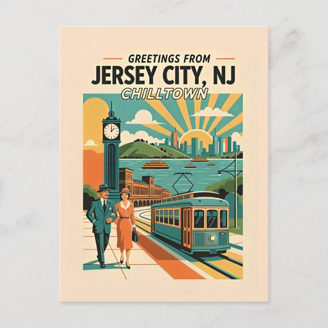 Jersey City NJ Chilltown Retro Whimsy Vykort (Framsida)
