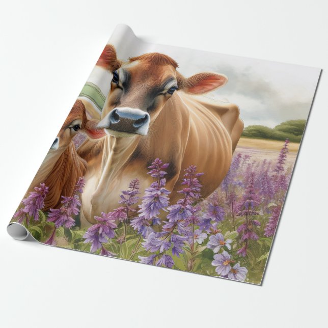 Jersey Cow och Calf Wildblomma Decoupage Presentpapper (Utrullad)