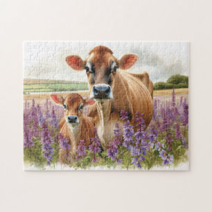 Jersey Cow och Calf Wildblomma Decoupage Pussel