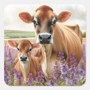 Jersey Cow och Calf Wildblomma Fyrkantigt Klistermärke