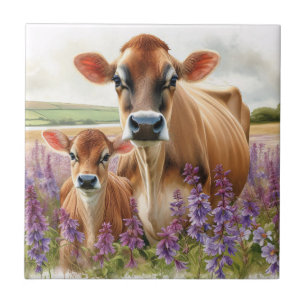 Jersey Cow och Calf Wildblomma Kakelplatta