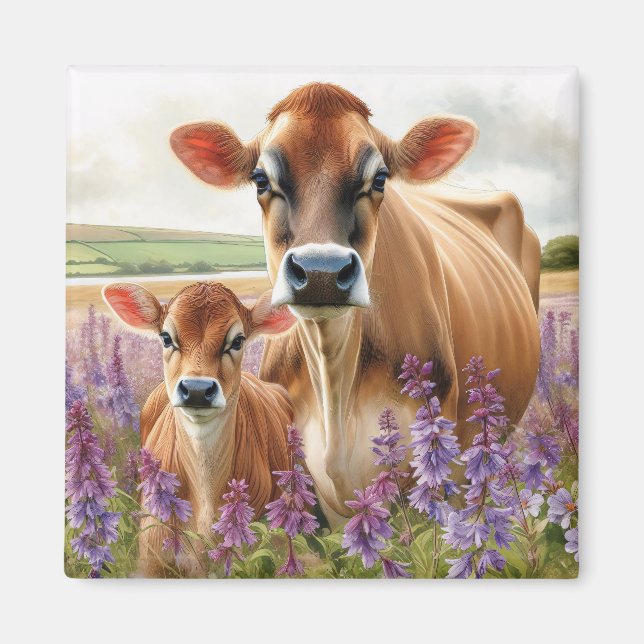 Jersey Cow och Calf Wildblomma Magnet (Framsidan)
