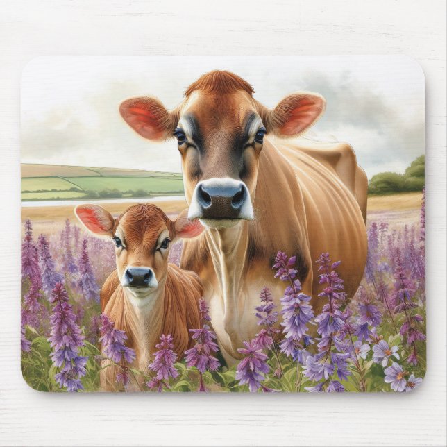Jersey Cow och Calf Wildblomma Musmatta (Framsidan)