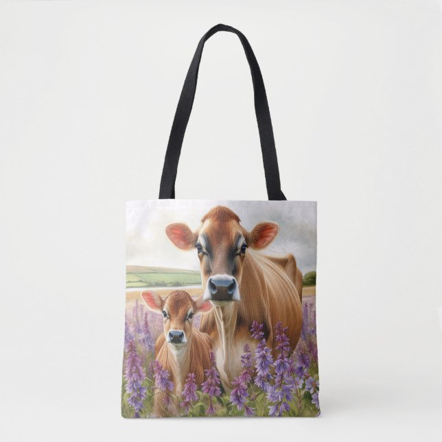 Jersey Cow och Calf Wildblomma Tygkasse (Framsida)