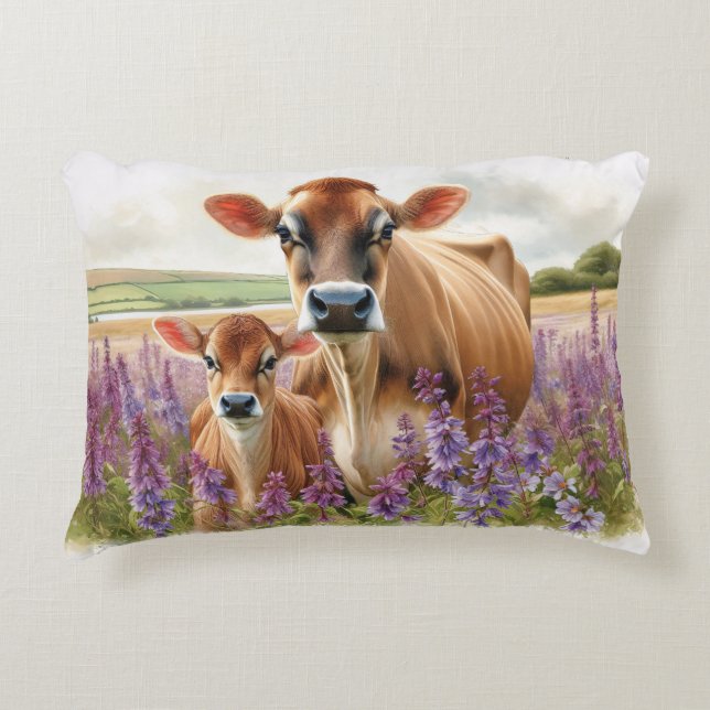 Jersey Ko och Kalv Vildblomma Prydnadskudde (Framsidan)