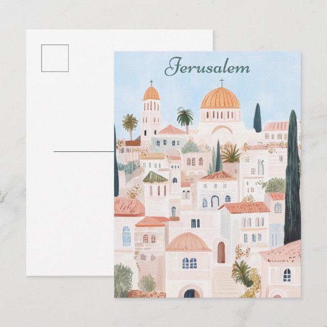 Jerusalem Gouache Paint Illustration Travel Vykort (Fram/baksida)