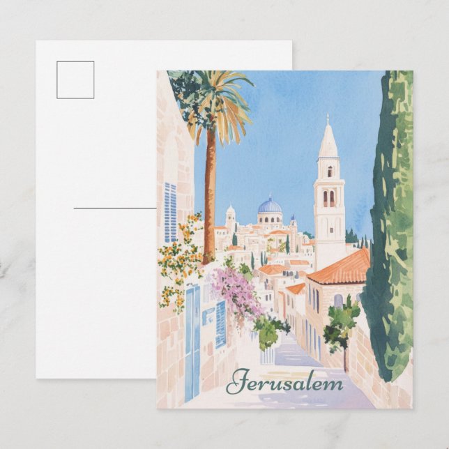 Jerusalem Gouache Paint Illustration Travel Vykort (Fram/baksida)