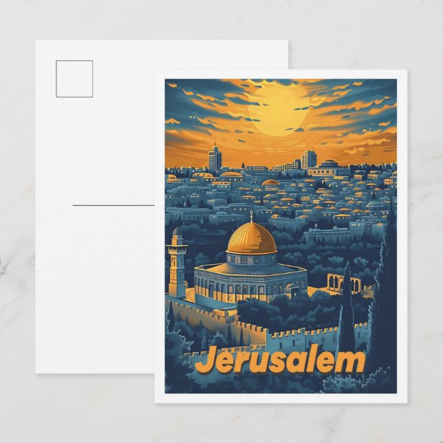 Jerusalem Heliga City Vintage Art Illustration Vykort (Fram/baksida)