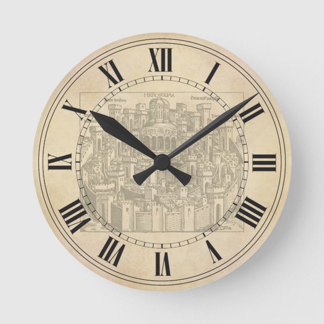 Jerusalem medeltida träsnitt rund klocka (Framsida)