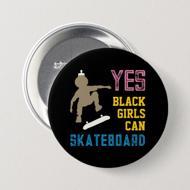 JES GIRLS KAN SKATEBOARD Retro Black Skater Girl Knapp (Framsida & baksida)