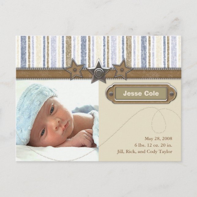 Jesse Cole Birth Announcement Meddelande Vykort (Framsida)