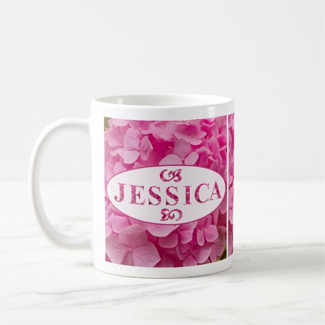 "Jessica" Elegant Rosa Hydrangea Blommigt Letterin Kaffemugg (Vänster)