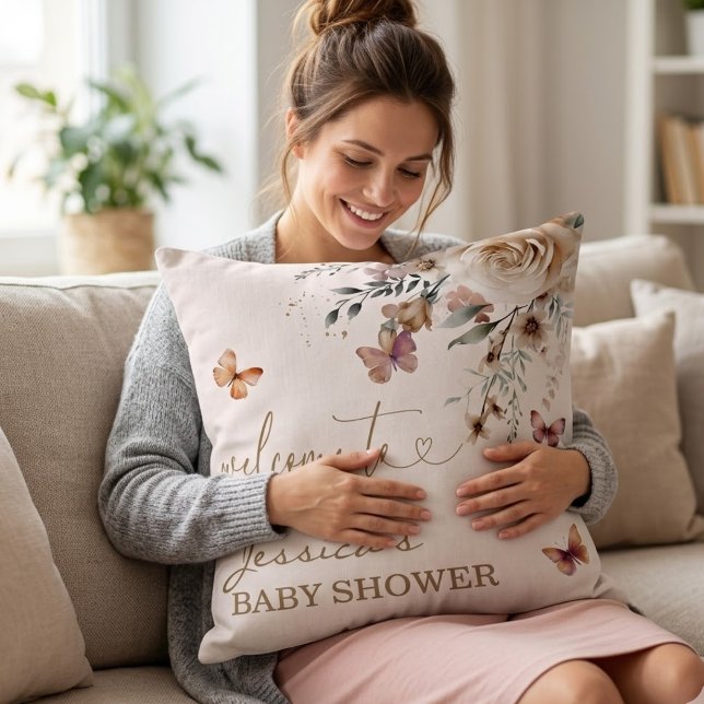 Jessicas Baby Shower Välkomst fjäril Blommig Kudde (Skapare uppladdad)