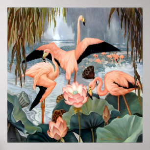 Jessie Arm Botke - Flamingos och lotus Poster