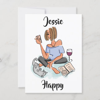 Jessie Glad med Mobil, Vin och Katt-kort Inbjudningar