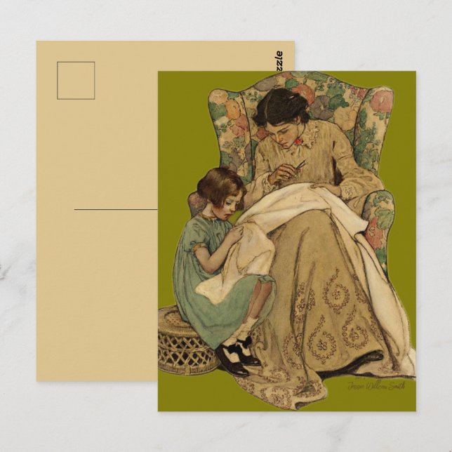 Jessie Wilcox Smith "The Sewing Lesson" Vykort (Fram/baksida)