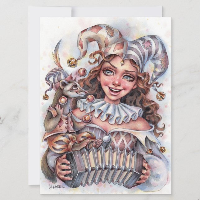 Jester Girl Music Ferret Clown Hat Roligt Art Card (Framsida)